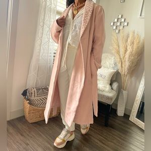 Blush Pink Belted Coat With Pearl Collar